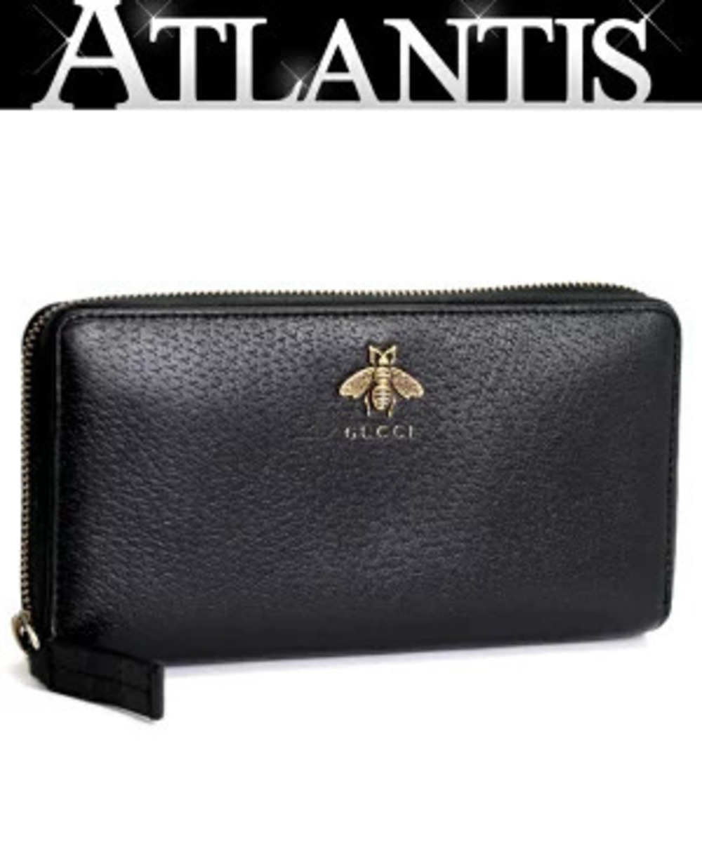 Gucci BEE Animalier Round Zip Long Wallet Leather Black